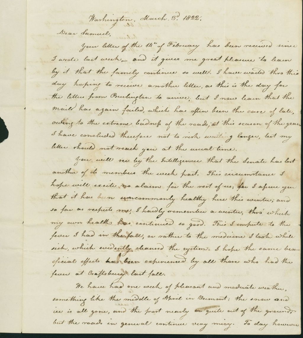 Miniature of Letter to Samuel P. Crafts, March 3, 1822