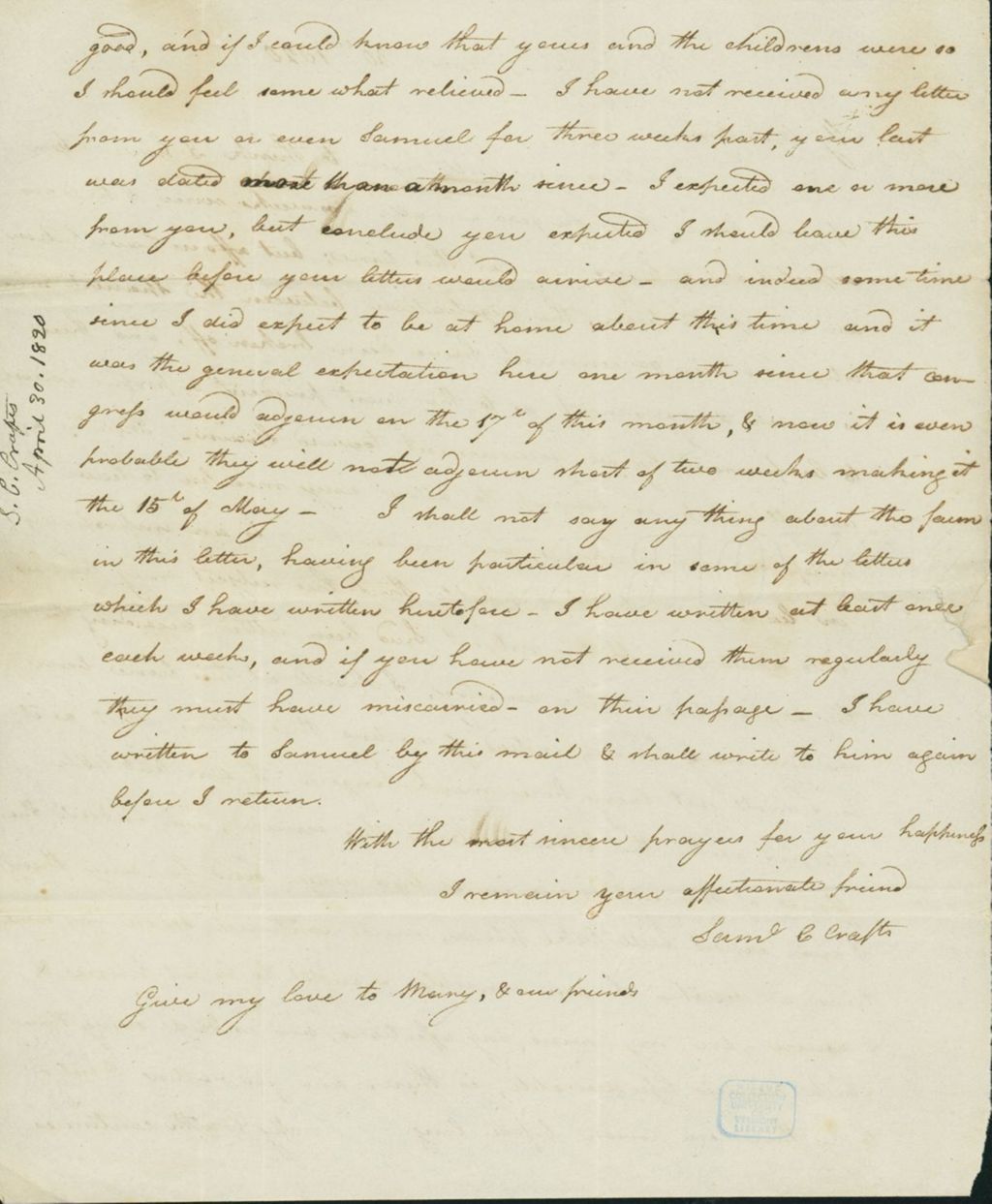 Miniature of Letter to Eunice Todd Crafts, April 30, 1820