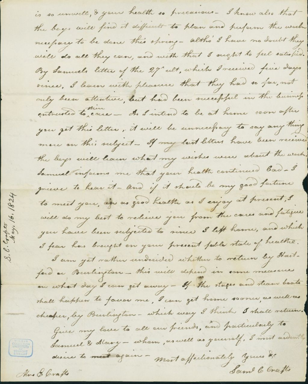 Miniature of Letter to Eunice Crafts, May 16, 1824