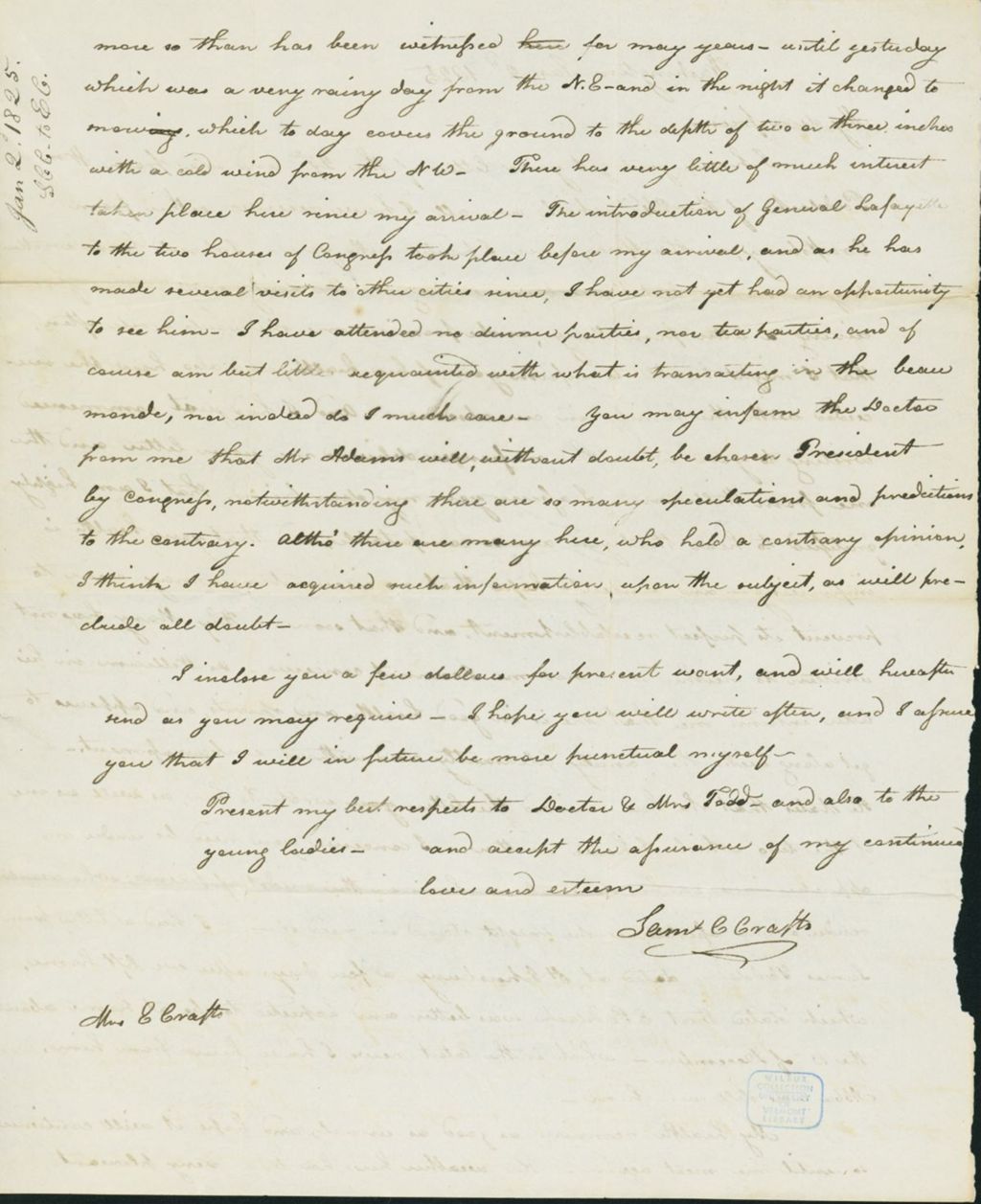 Miniature of Letter to Eunice Crafts, January 2, 1825