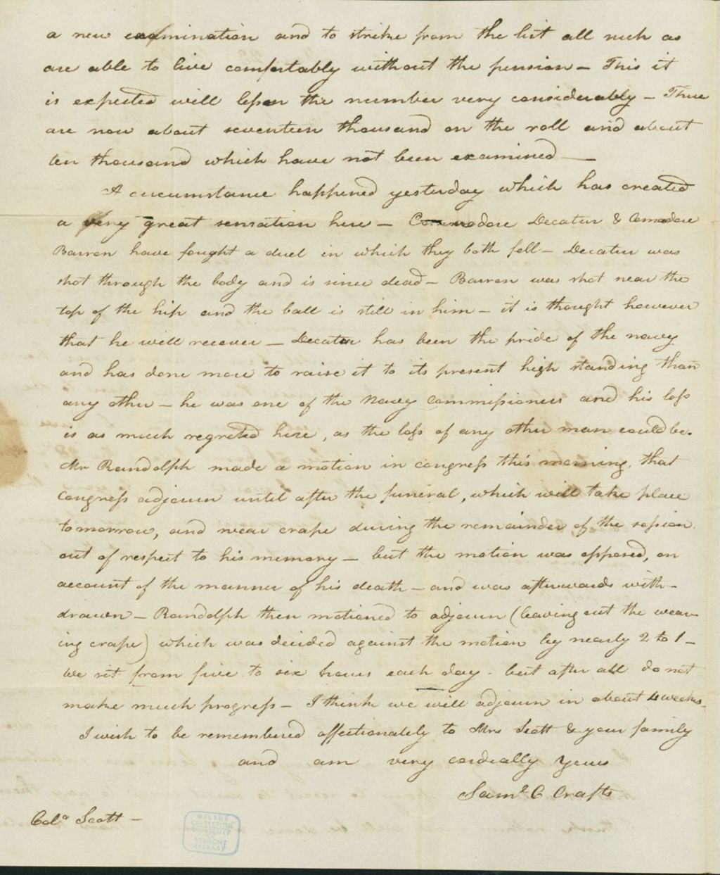 Miniature of Letter to Col. Joseph Scott, March 23, 1820