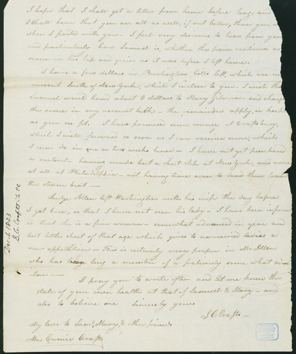 Miniature of Letter to Eunice Crafts, December 1, 1823