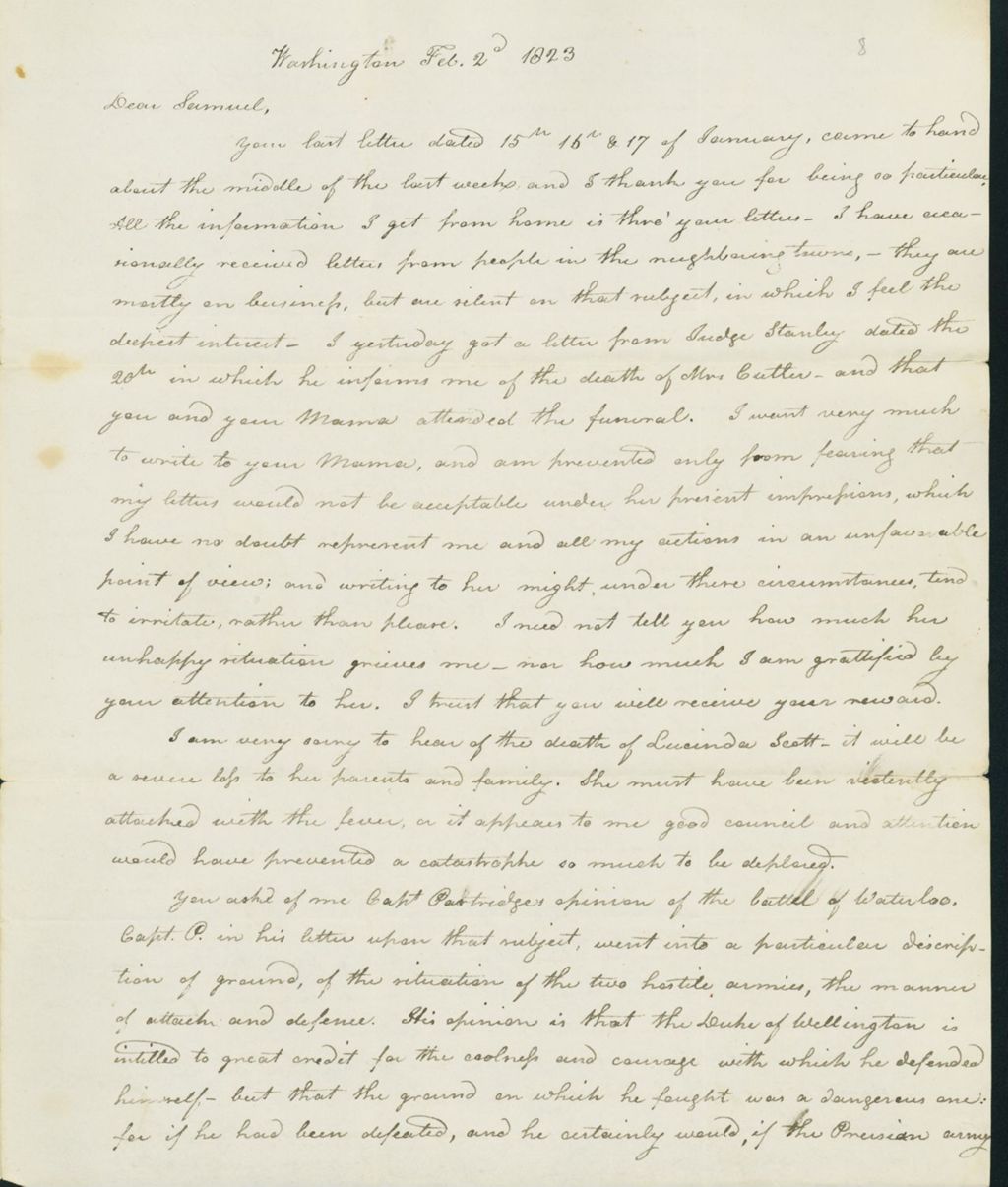 Miniature of Letter to Samuel P. Crafts, February 2, 1823