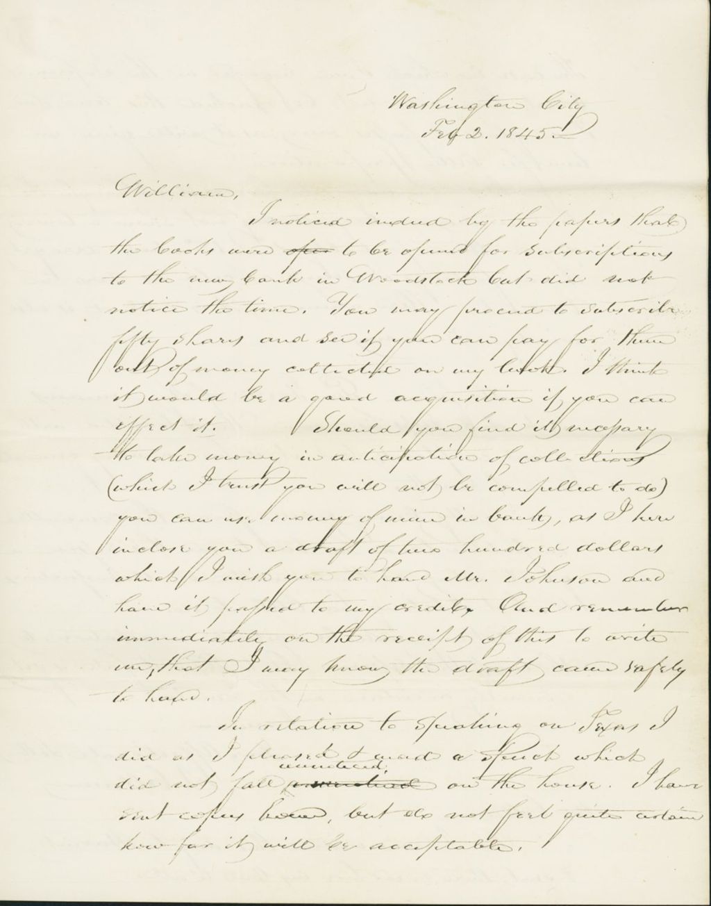 Miniature of Letter to Mary Collamer, February 2, 1845