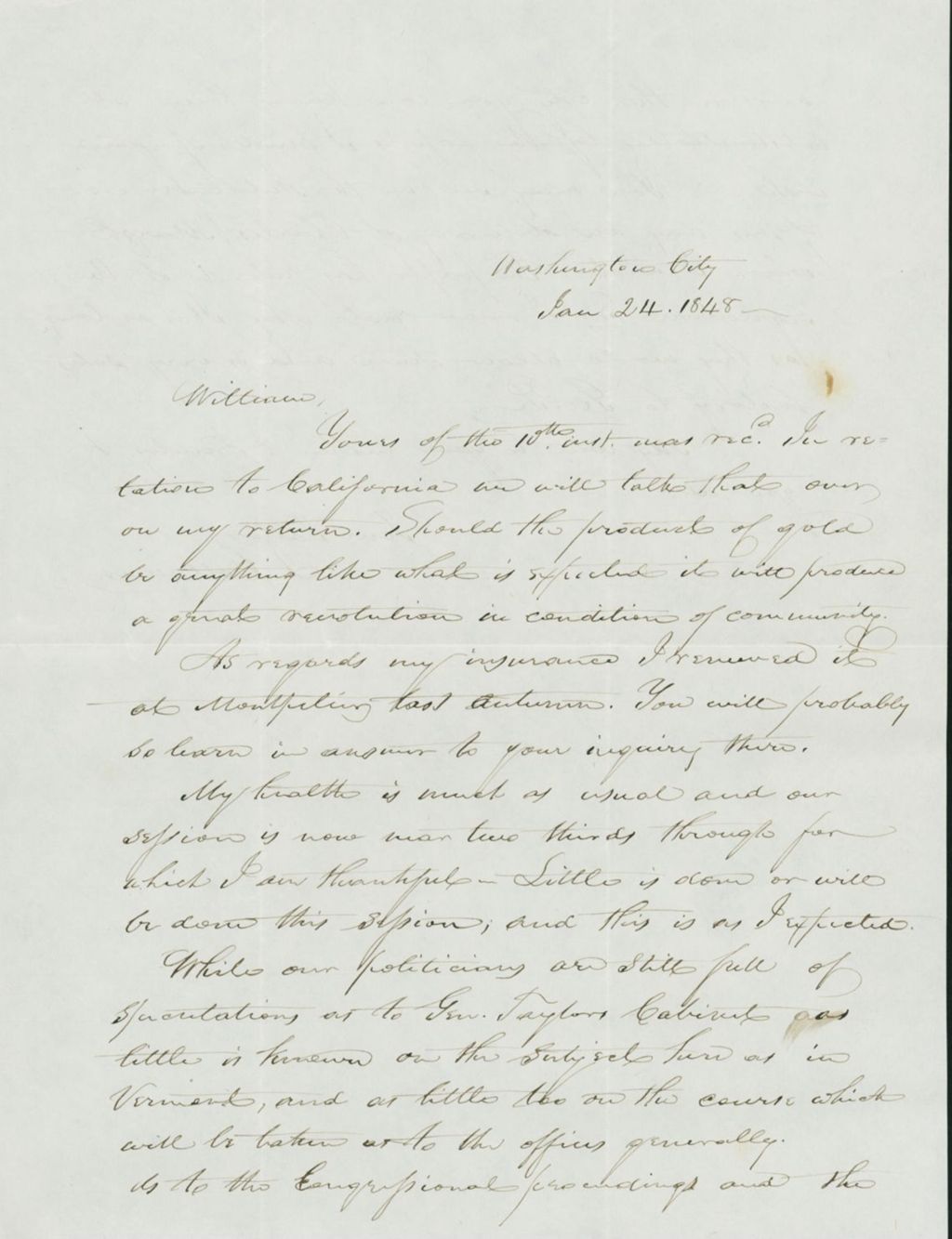 Miniature of Letter to William Collamer, January 24, 1848