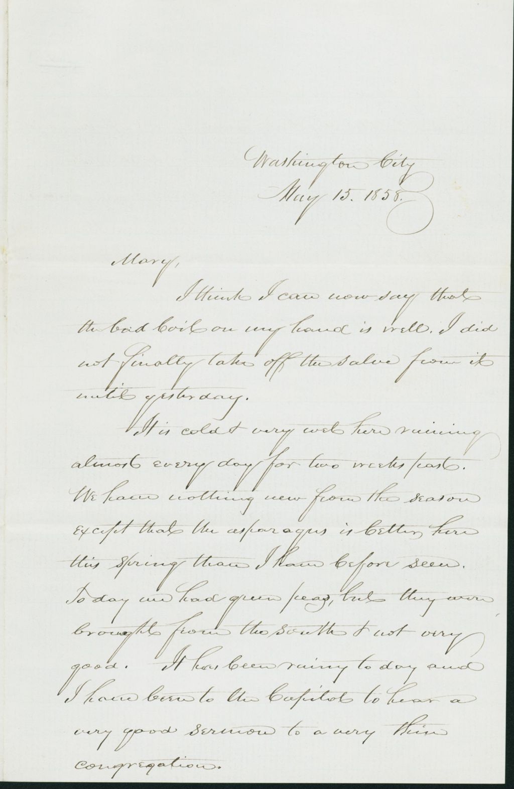 Miniature of Letter to Mary N. Collamer, May 15, 1858