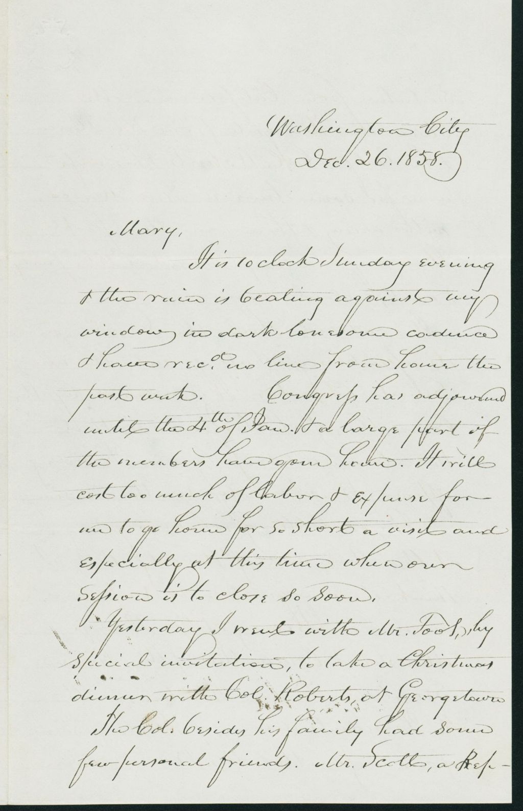 Miniature of Letter to Mary N. Collamer, December 26, 1858