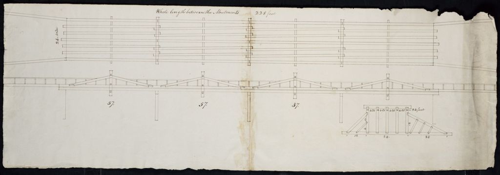 Miniature of Plan for bridge at Winooski Falls, with contract and timber specifications, August 2, 1816