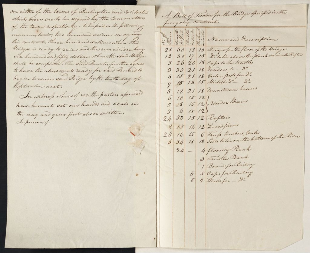 Miniature of Plan for bridge at Winooski Falls, with contract and timber specifications, August 2, 1816