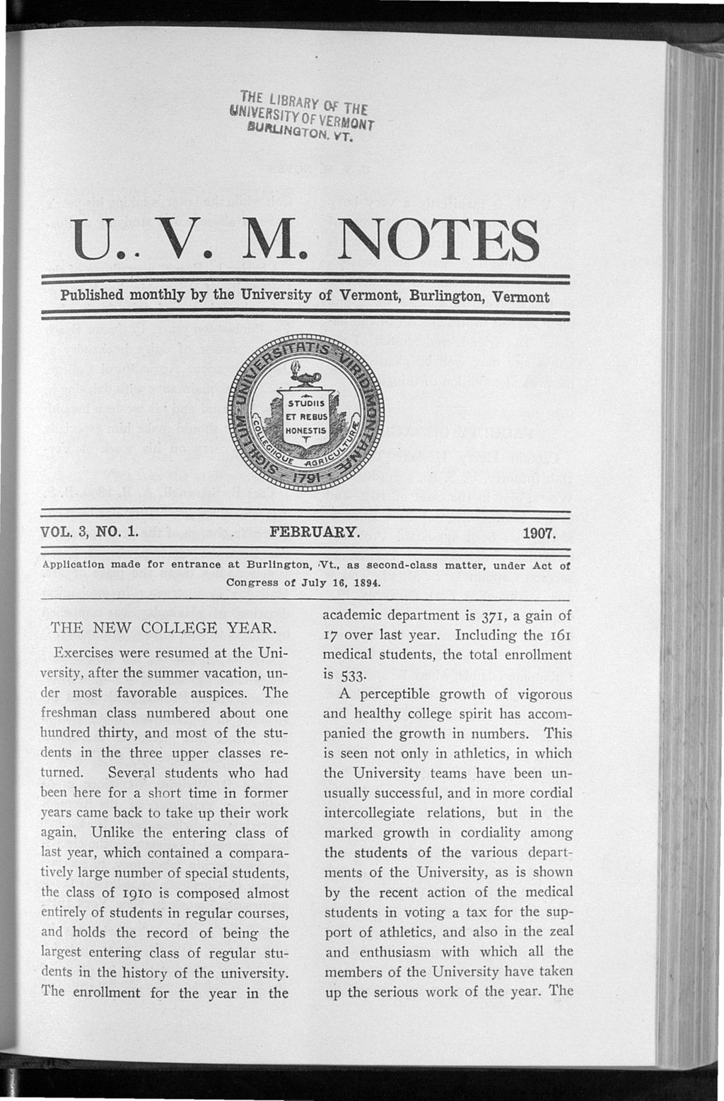 Miniature of U.V.M. Notes vol. 03 no. 01