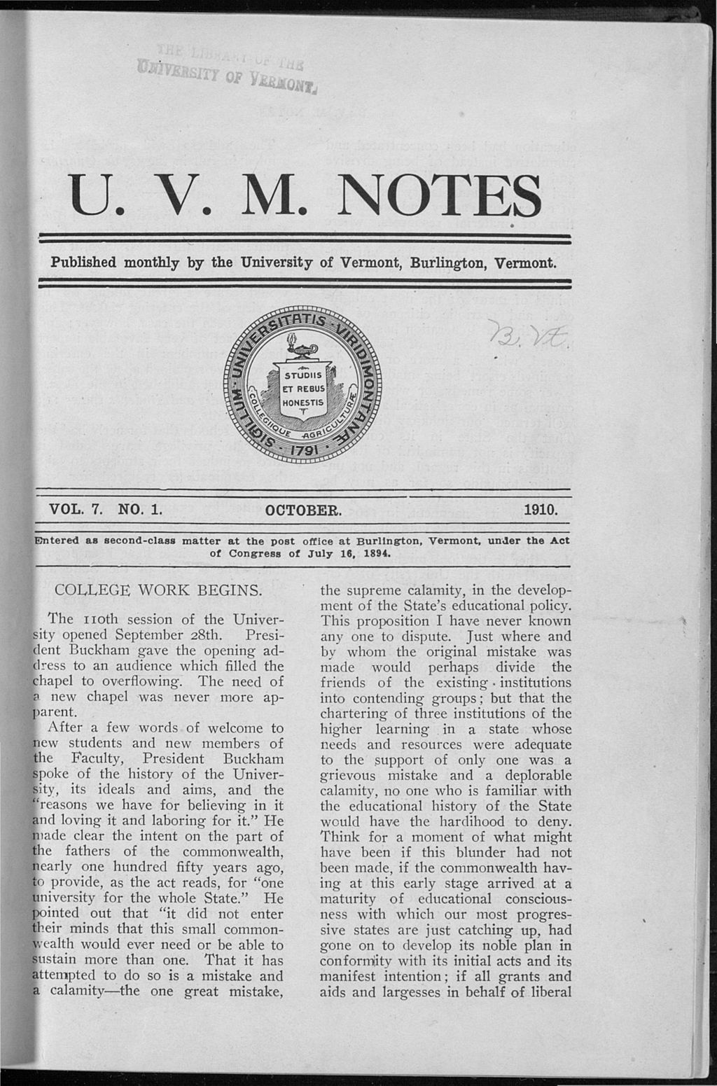 Miniature of U.V.M. Notes vol. 07 no. 01