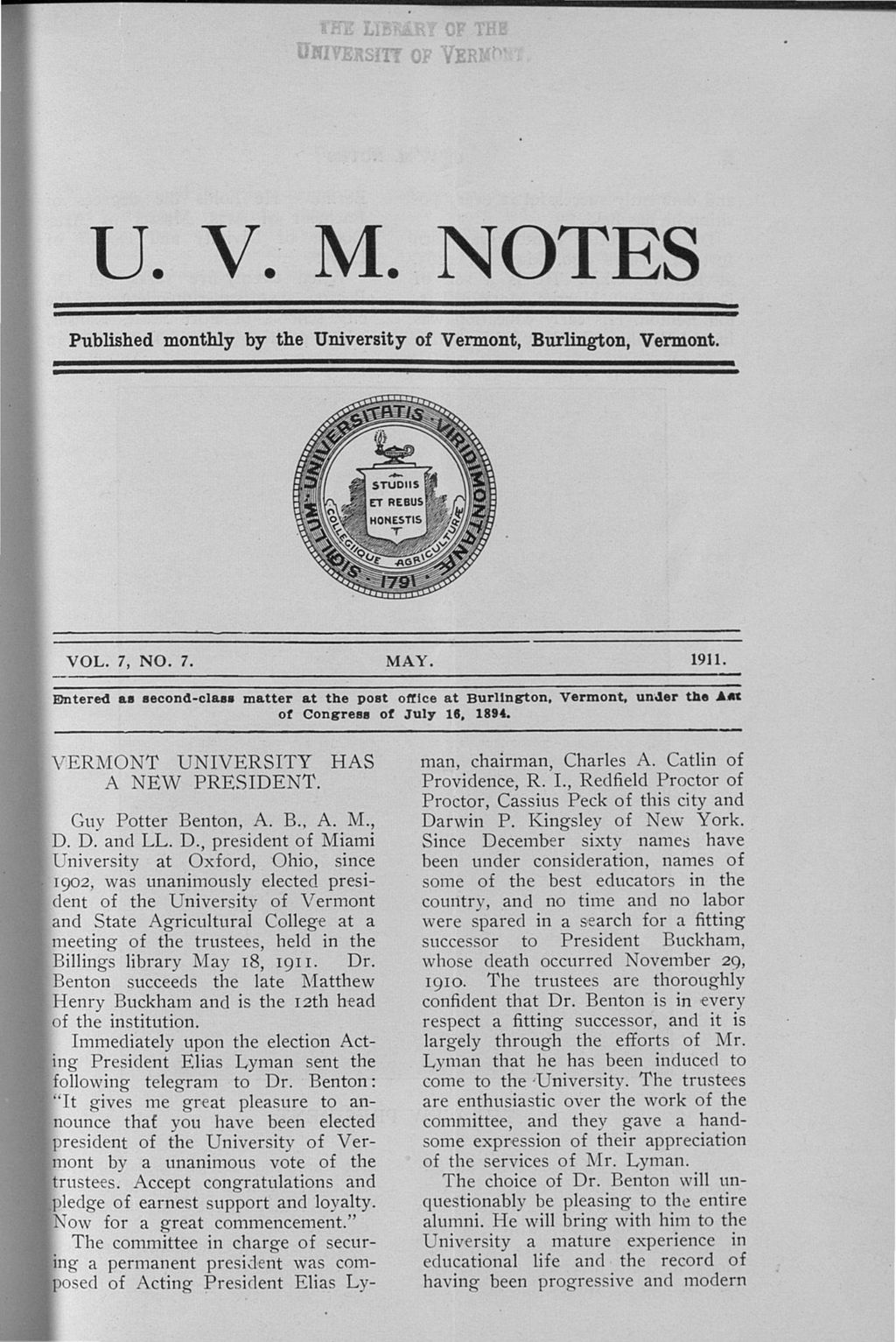 Miniature of U.V.M. Notes vol. 07 no. 07