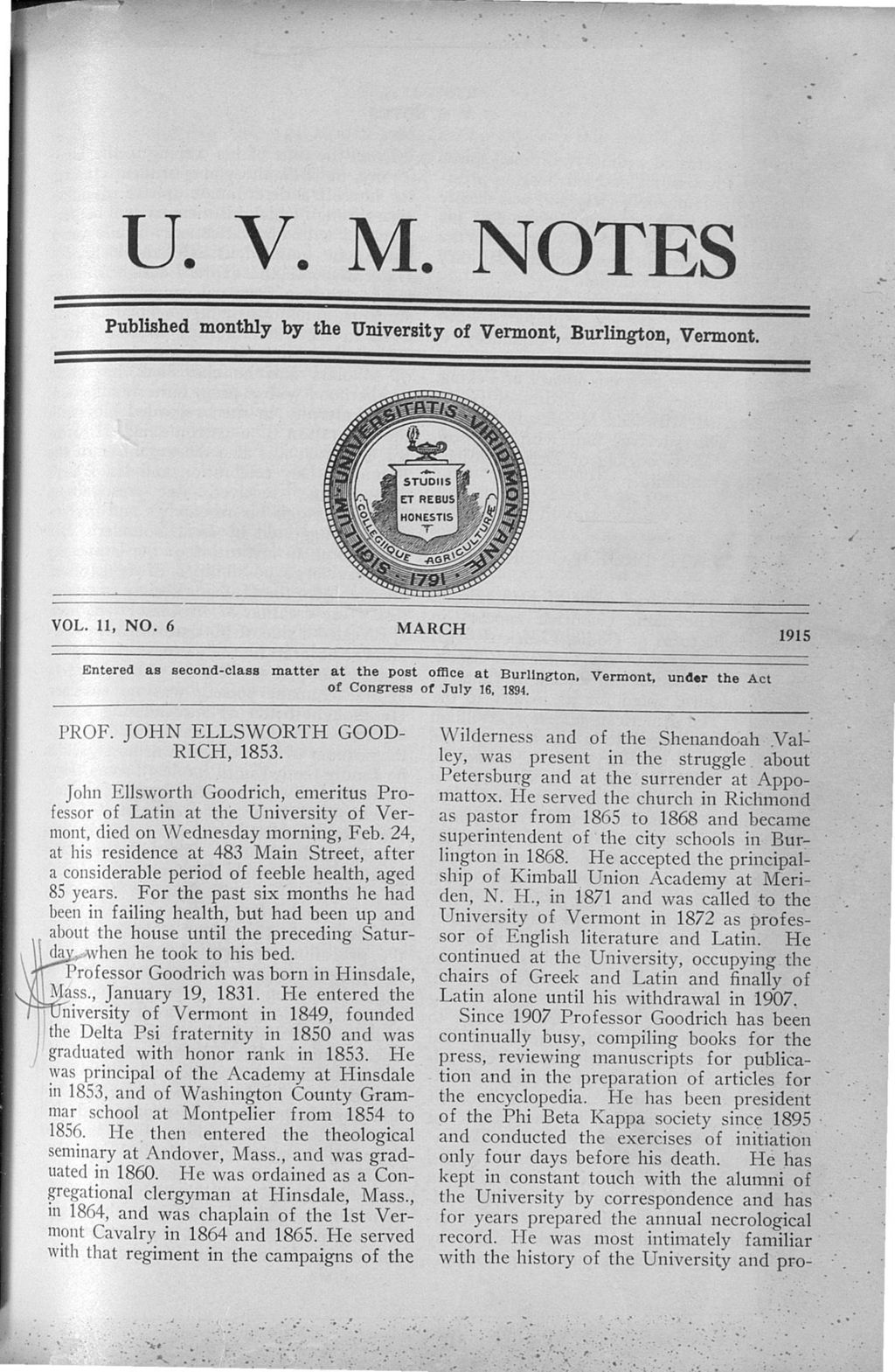 Miniature of U.V.M. Notes vol. 11 no. 06