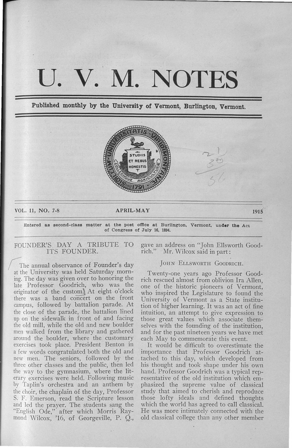 Miniature of U.V.M. Notes vol. 11 no. 07-08