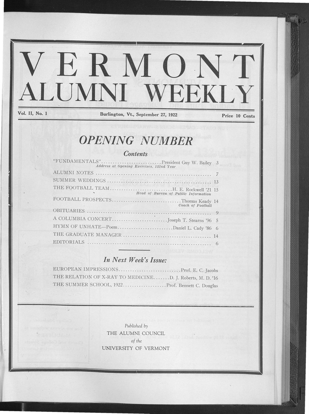 Miniature of Vermont Alumni Weekly vol. 02 no. 01