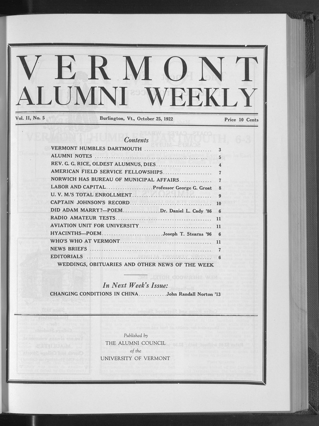 Miniature of Vermont Alumni Weekly vol. 02 no. 05