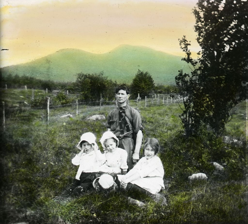 Miniature of Reverend F.M. Hazen and children of Johnson, VT - Jay Peak in the background