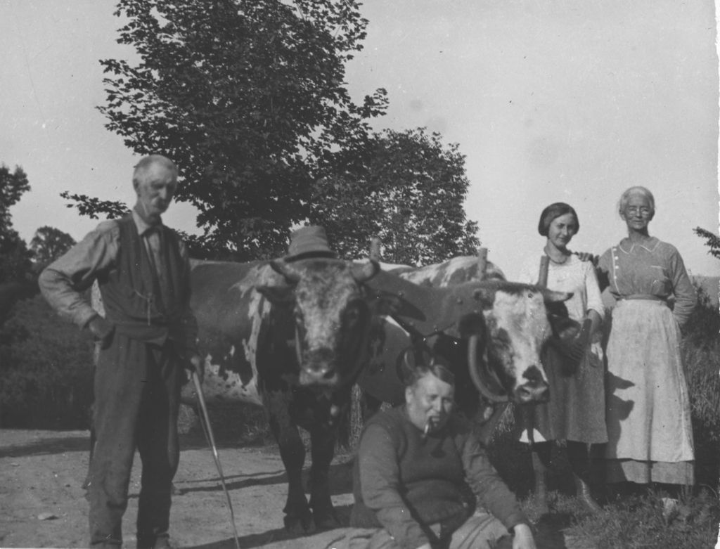 Miniature of Mrs. Davis, unknown, oxen, Mr. Herr, and Mr. Henry Davis