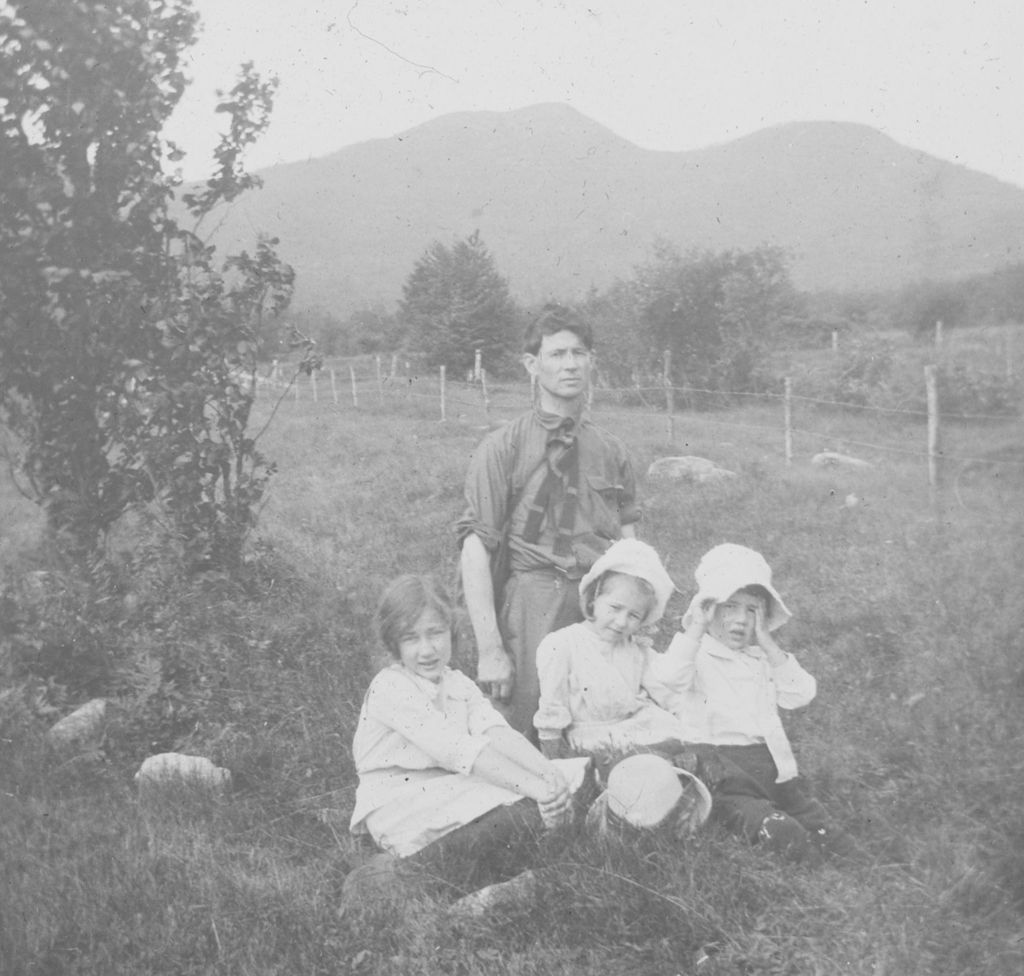 Miniature of Reverend F.M. Hazen and children of Johnson, VT - Jay Peak in the background