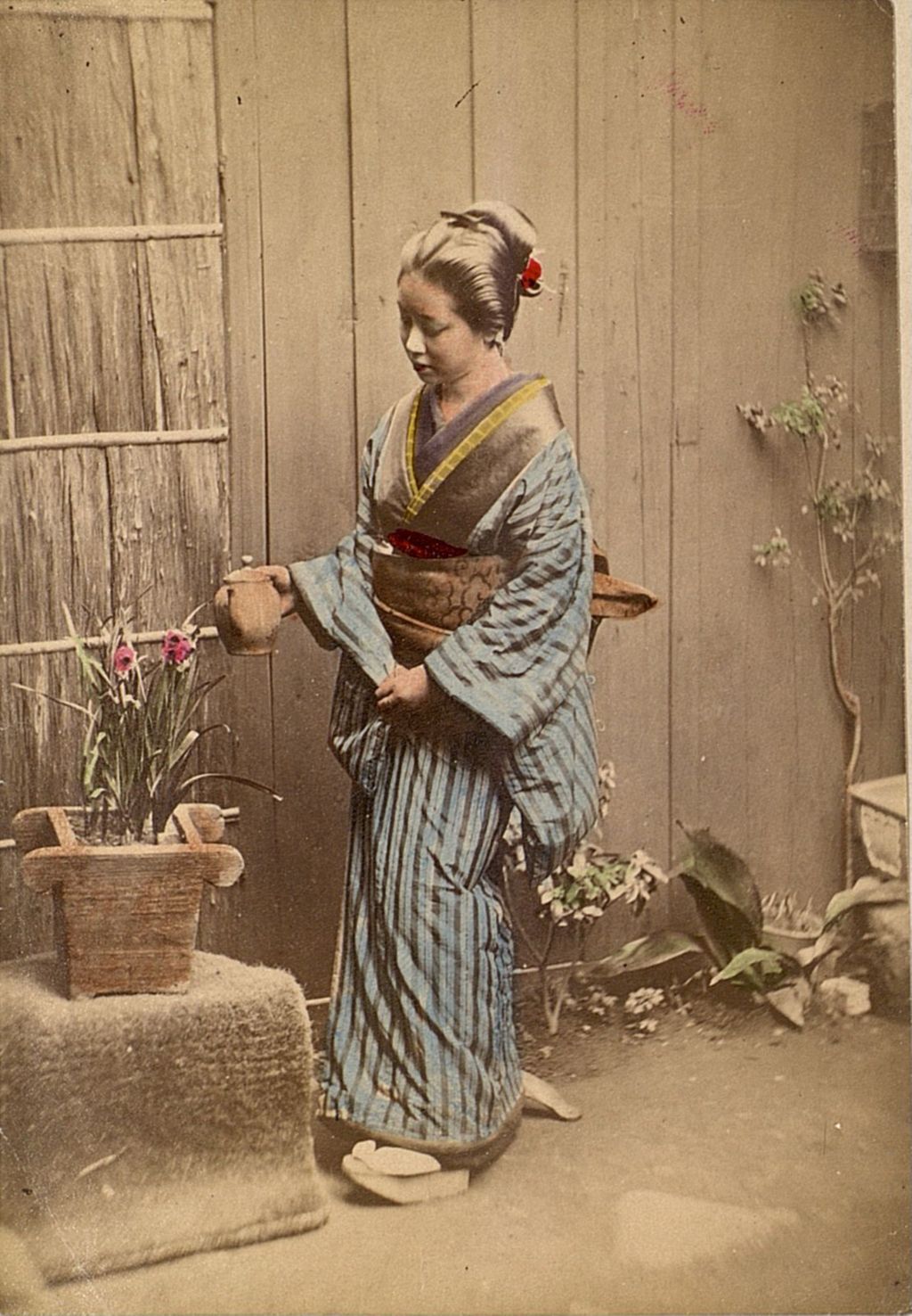 Miniature of Women in kimono watering flowers