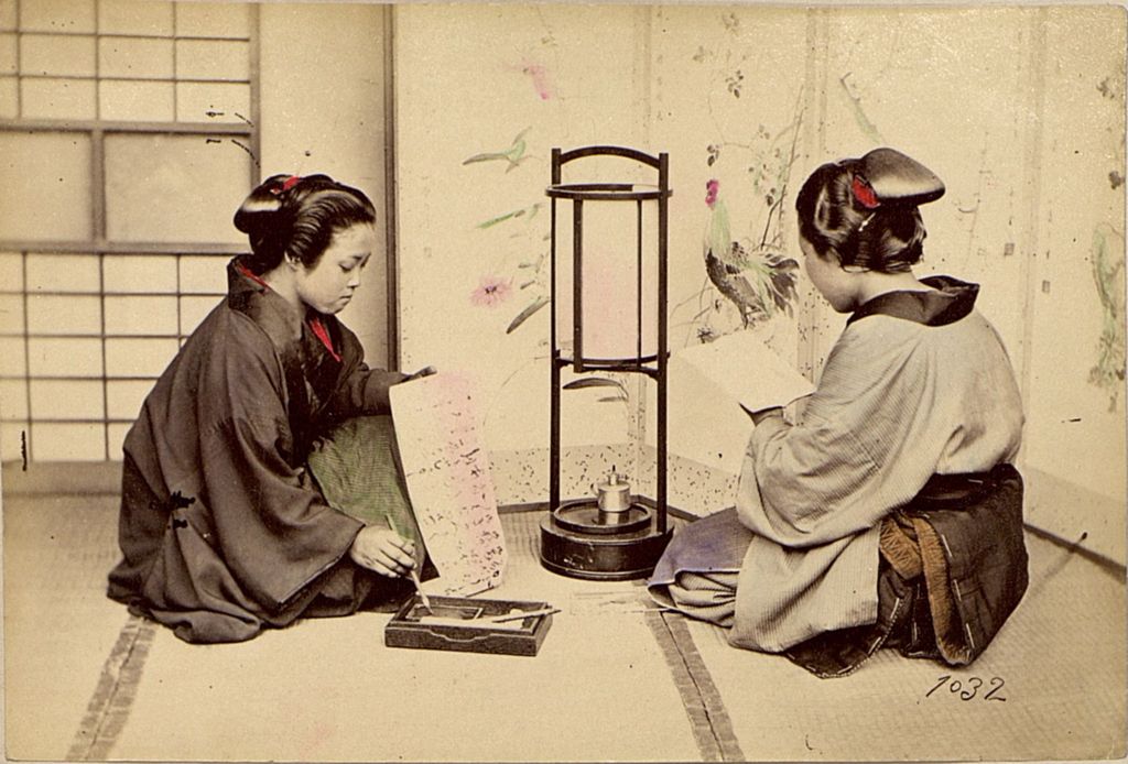 Miniature of Two women practicing calligraphy