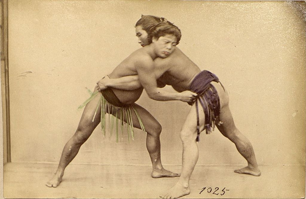 Miniature of Two Sumo wrestlers locked in a grapple