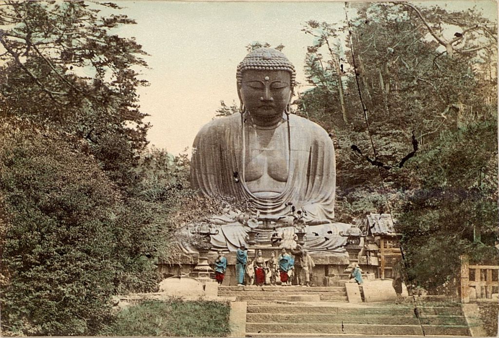 Miniature of A group of monks under a large Buddhist statue