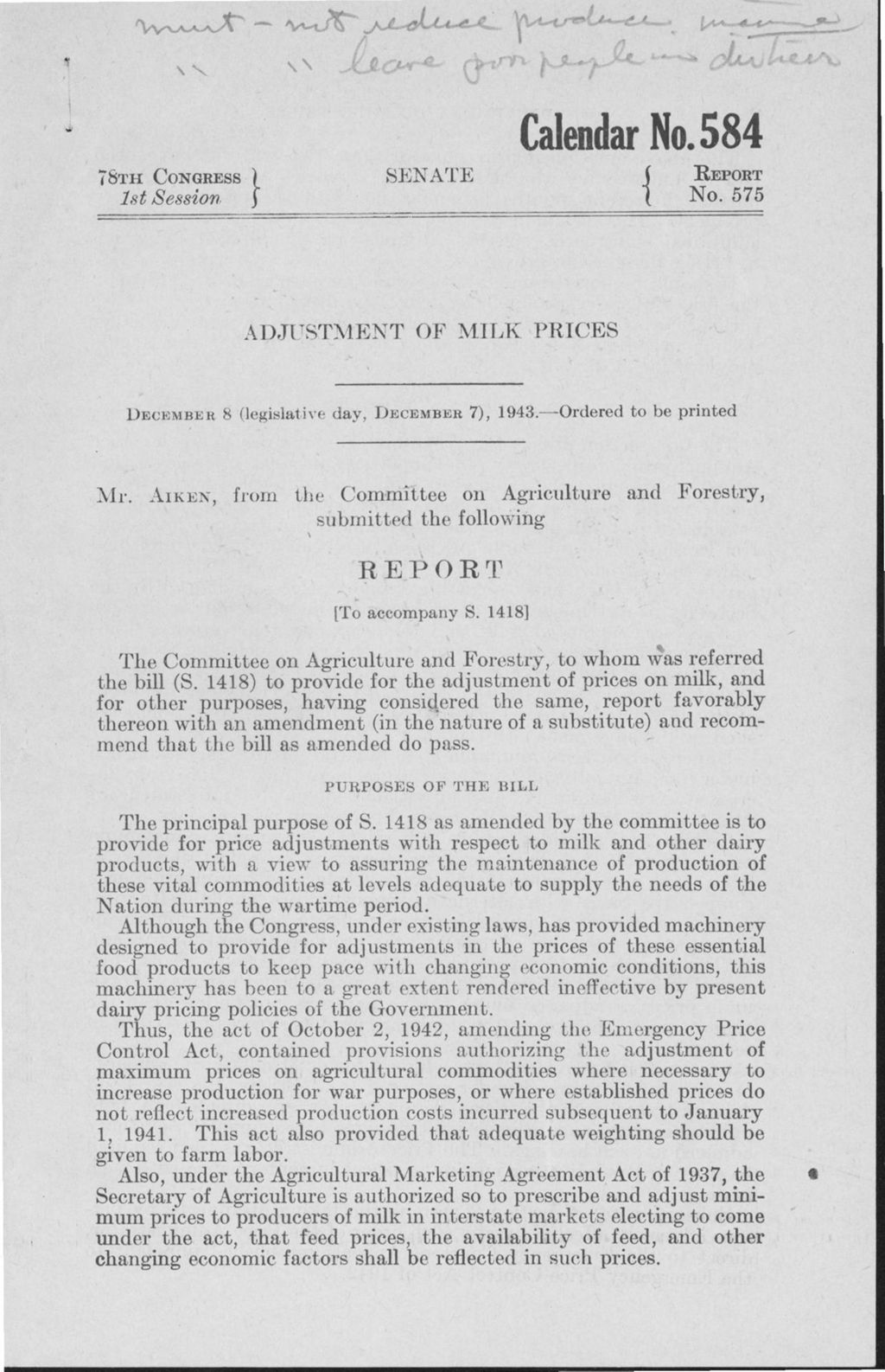 Miniature of S. 1418: Provide Adjustment of Maximum Prices on Milk, 1943-1944