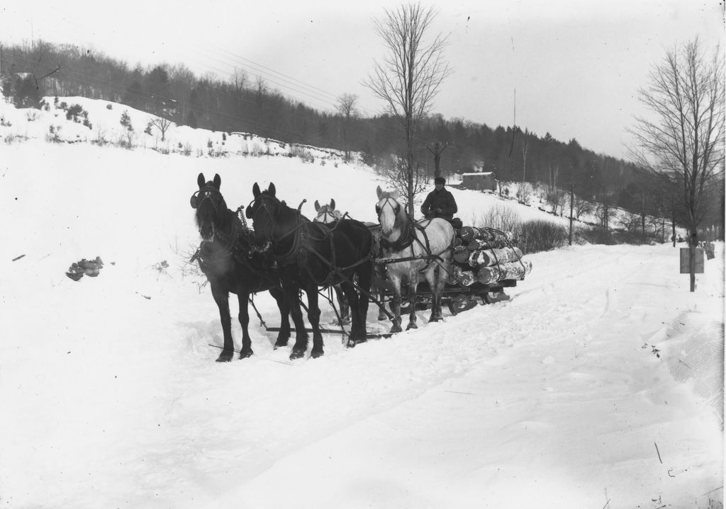 Miniature of Mr. Derry's Team of horses pulling a load of logs, Newfane, Vt.