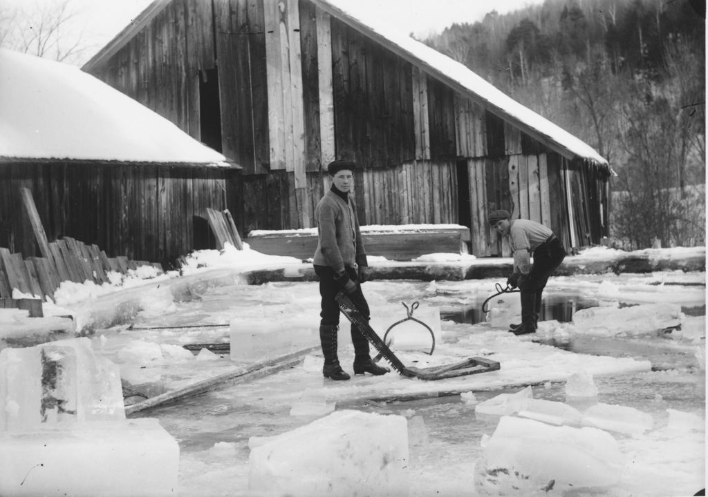 Miniature of Delbert Pierce and Happy Atkins cutting ice on Binham Mill Pond, South Newfane, Vt.