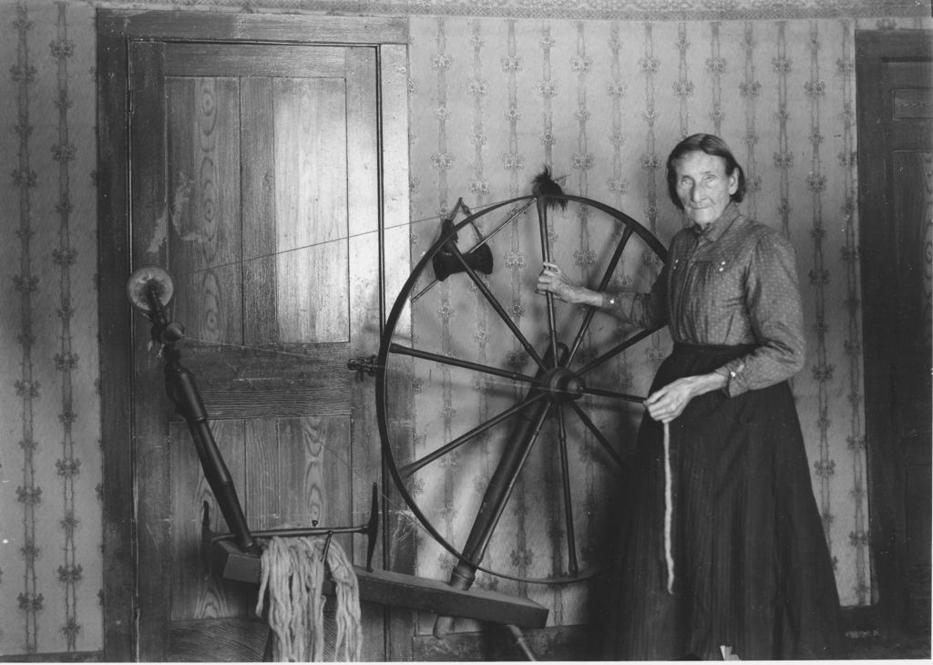 Miniature of Mrs. Laure Bingham with her spinning wheel, South Newfane, Vt.