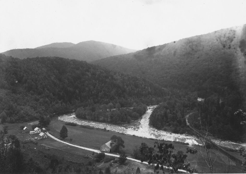 Miniature of Deerfield Valley landscape with view of Route 9, river, and Somerset railroad, Searsburg, Vt.