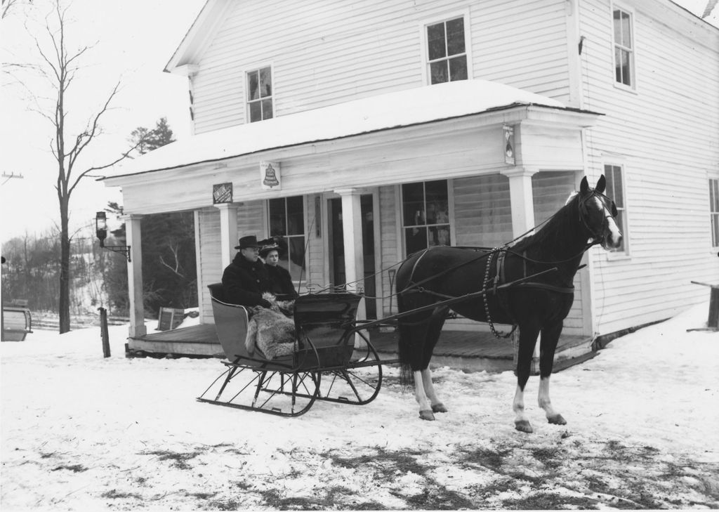 Miniature of Man and Woman in a Sleigh in front of Western Union, Williamsville, Vt.