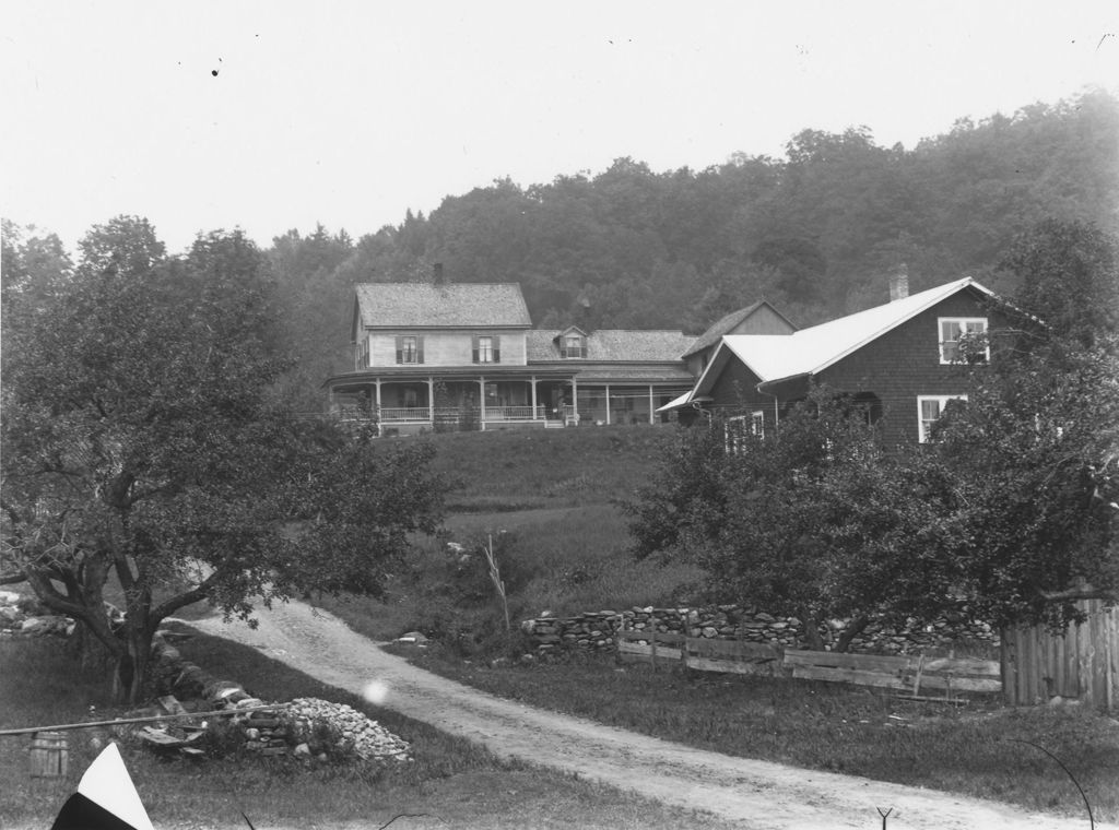 Miniature of Two large, unidentified houses with stone wall and apple trees, Williamsville, Vt.