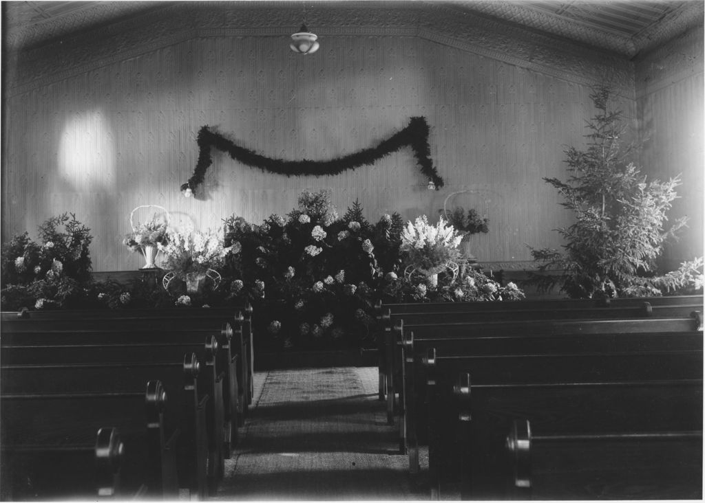 Miniature of Church interior, possibly set up for wedding or funeral, Williamsville, Vt.