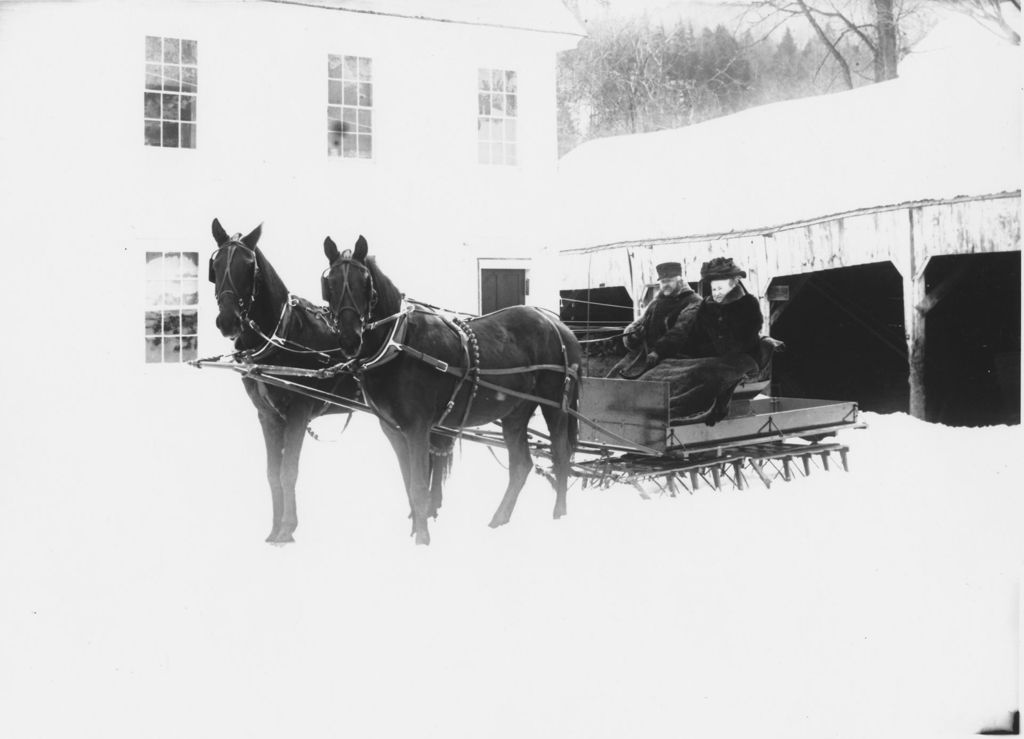 Miniature of Man and woman in a horse drawn sleigh, Williamsville, Vt.