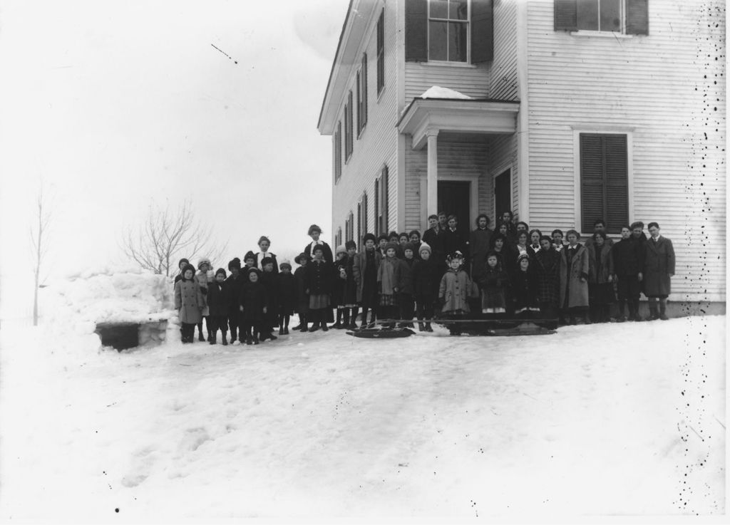 Miniature of Class portrait in front of schoolhouse with sleds, Williamsville, Vt.