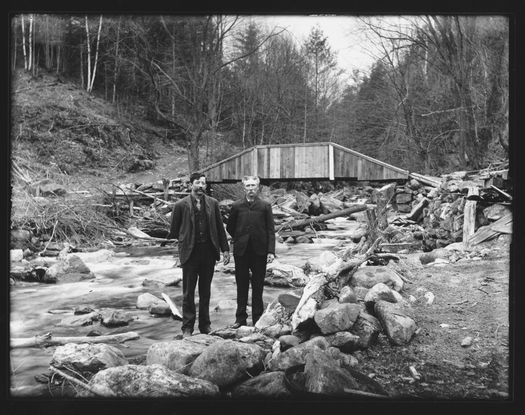 Miniature of Herm Powers and Mr. Goodell in front of a bridge, Williamsville, Vt.