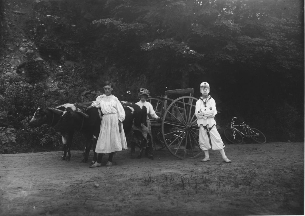 Miniature of Oxen pulling cart with kids in costume, Williamsville, Vt.