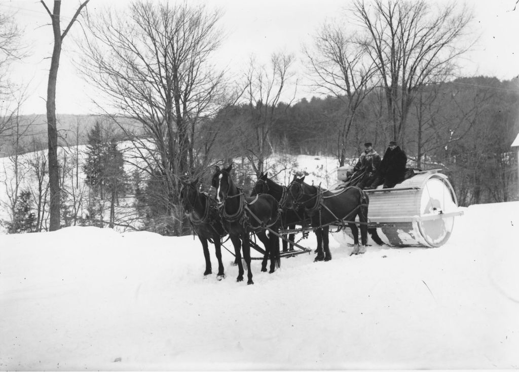 Miniature of Men on snow roller pulled by horses, Dover, Vt.