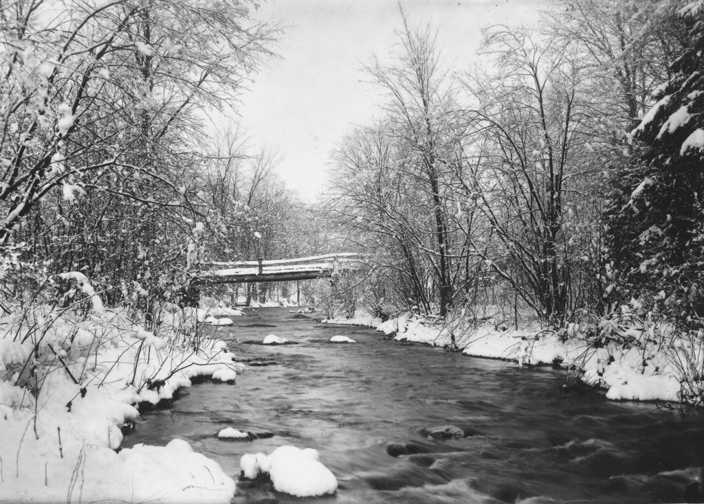 Miniature of Stream and bridge at base of Baker Brook Farm, Williamsville, Vt.