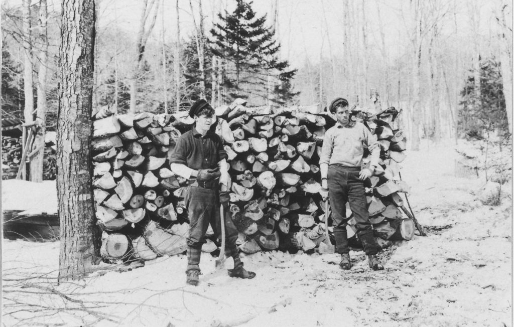 Miniature of Will Howe and Clarence Struthers chopping in wood in Vermont