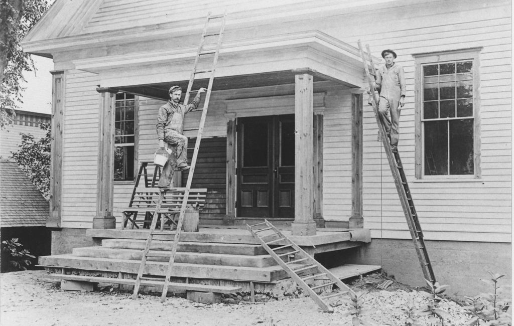 Miniature of Two men on ladders paiting Williamsville Grange Hall, Vt.