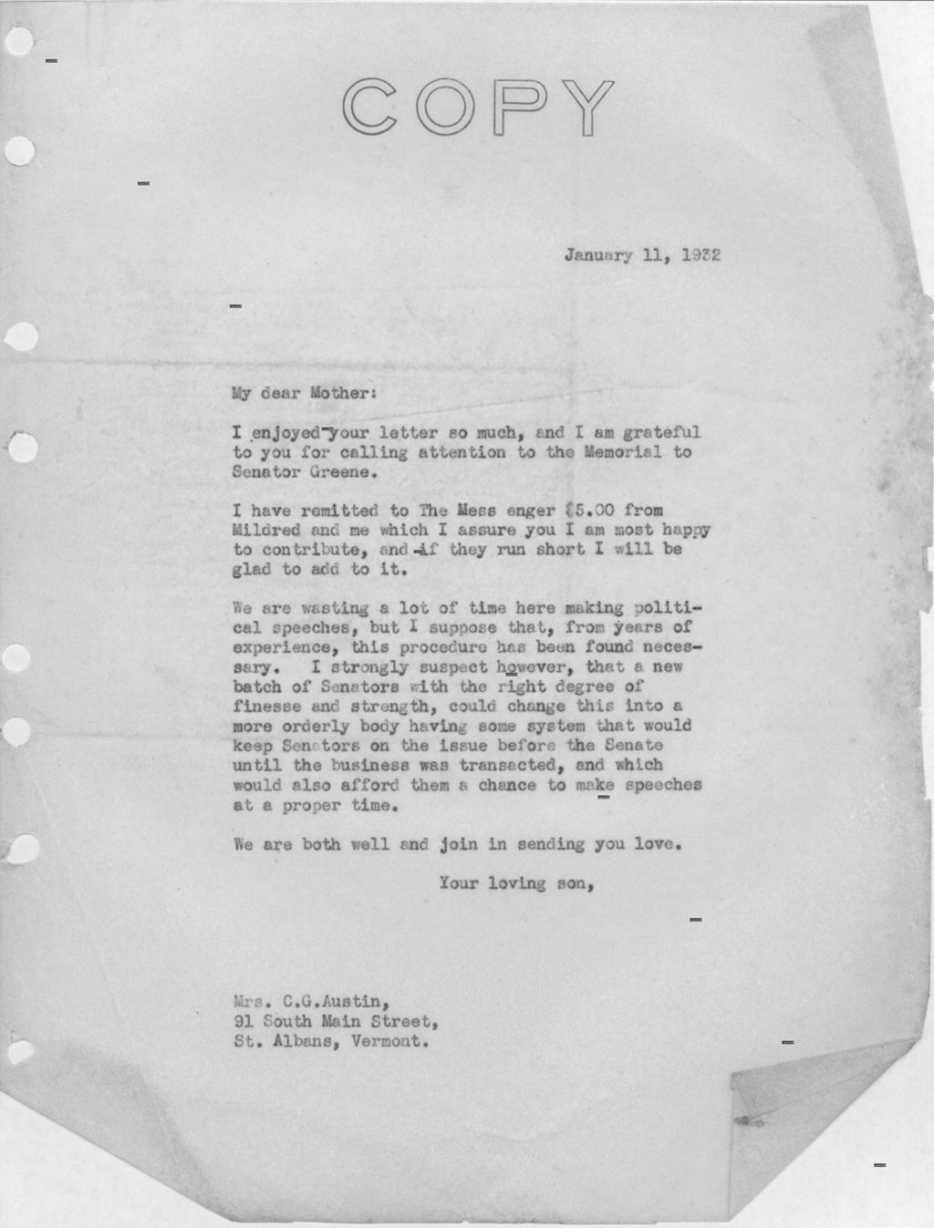 Miniature of Warren R. Austin letter to Mrs. C.G. (Ann) Austin, January 11, 1932