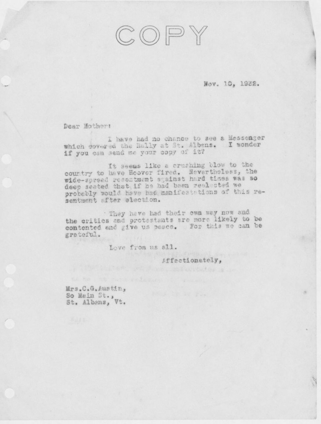 Miniature of Letter to Mrs. C.G. (Ann) Austin, November 10, 1932