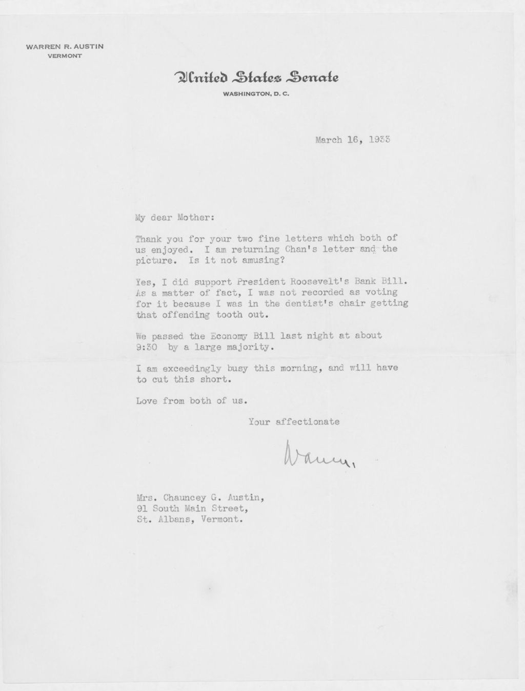 Miniature of Letter to Mrs. C.G. (Ann) Austin, March 16, 1933