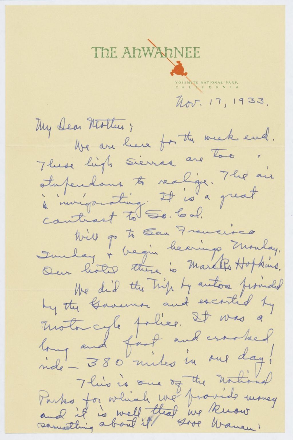 Miniature of Letter to Mrs. C.G. (Ann) Austin, November 17, 1933