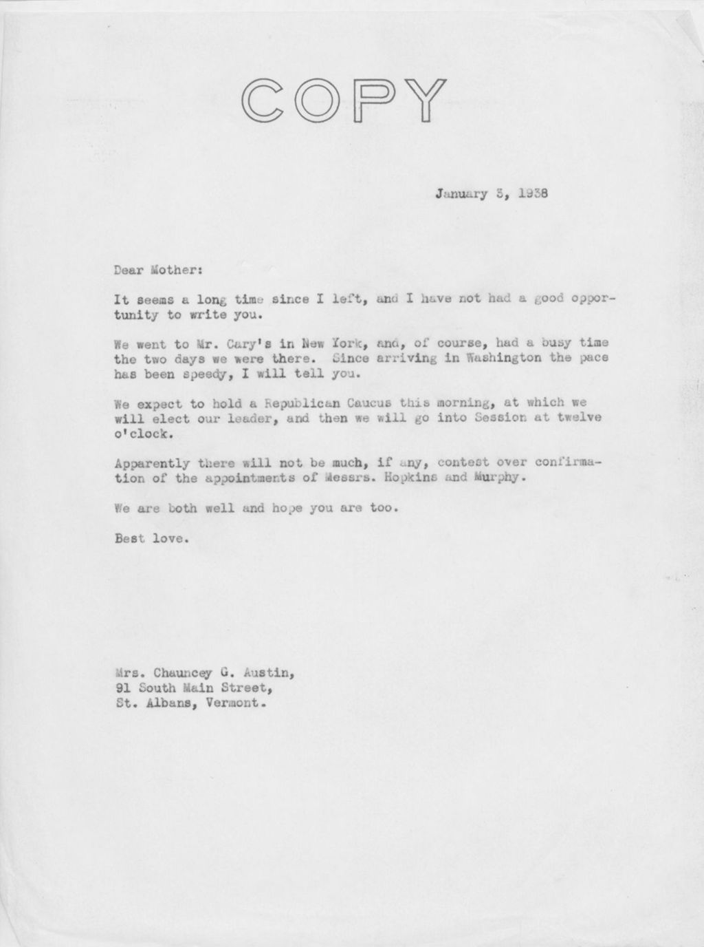 Miniature of Letter to Mrs. C.G. (Ann) Austin, January 3, 1938