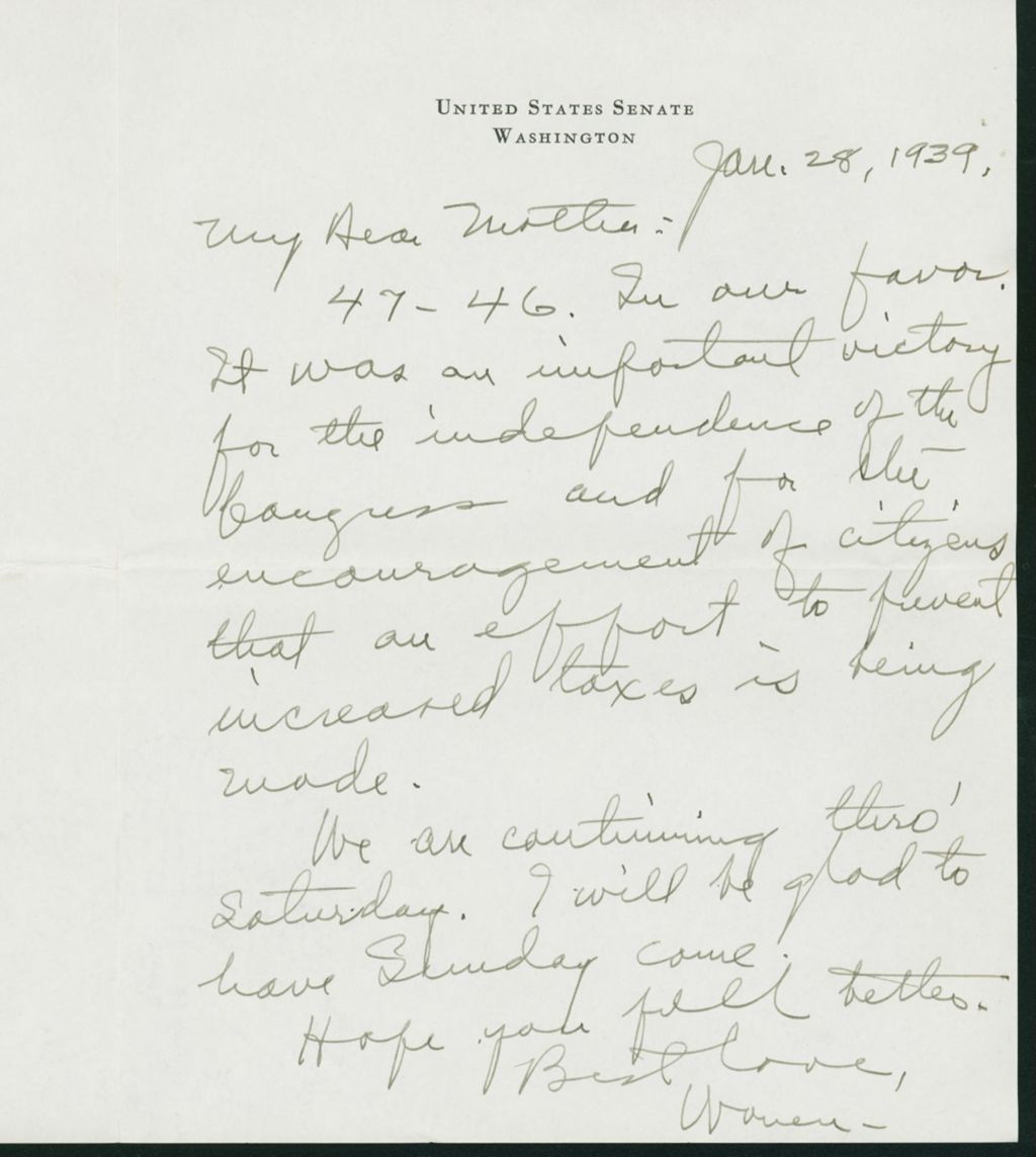 Miniature of Letter to Mrs. C.G. (Ann) Austin, January 28, 1939