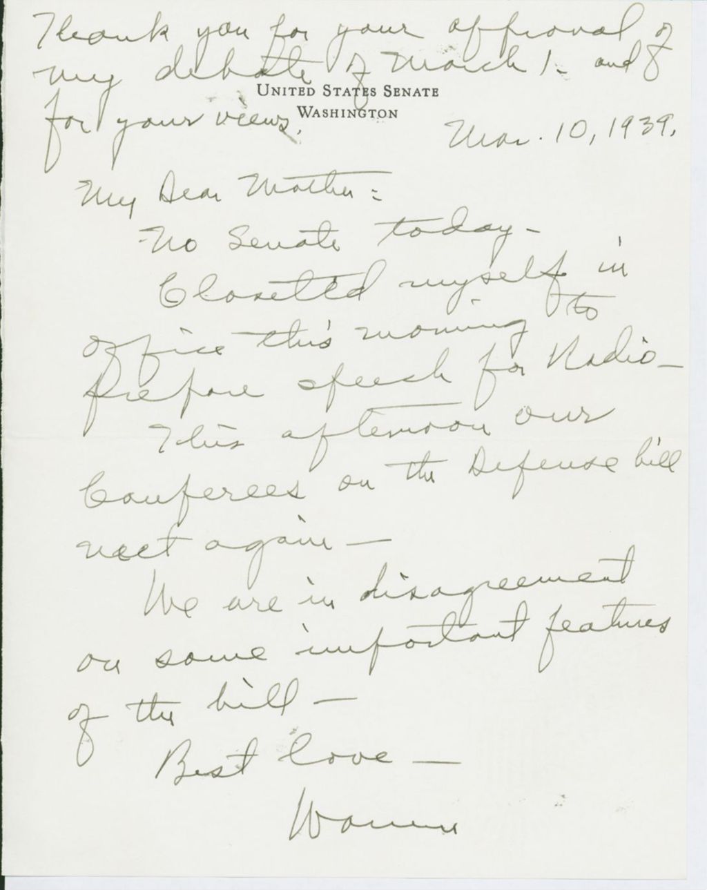 Miniature of Letter to Mrs. C.G. (Ann) Austin, March 10, 1939